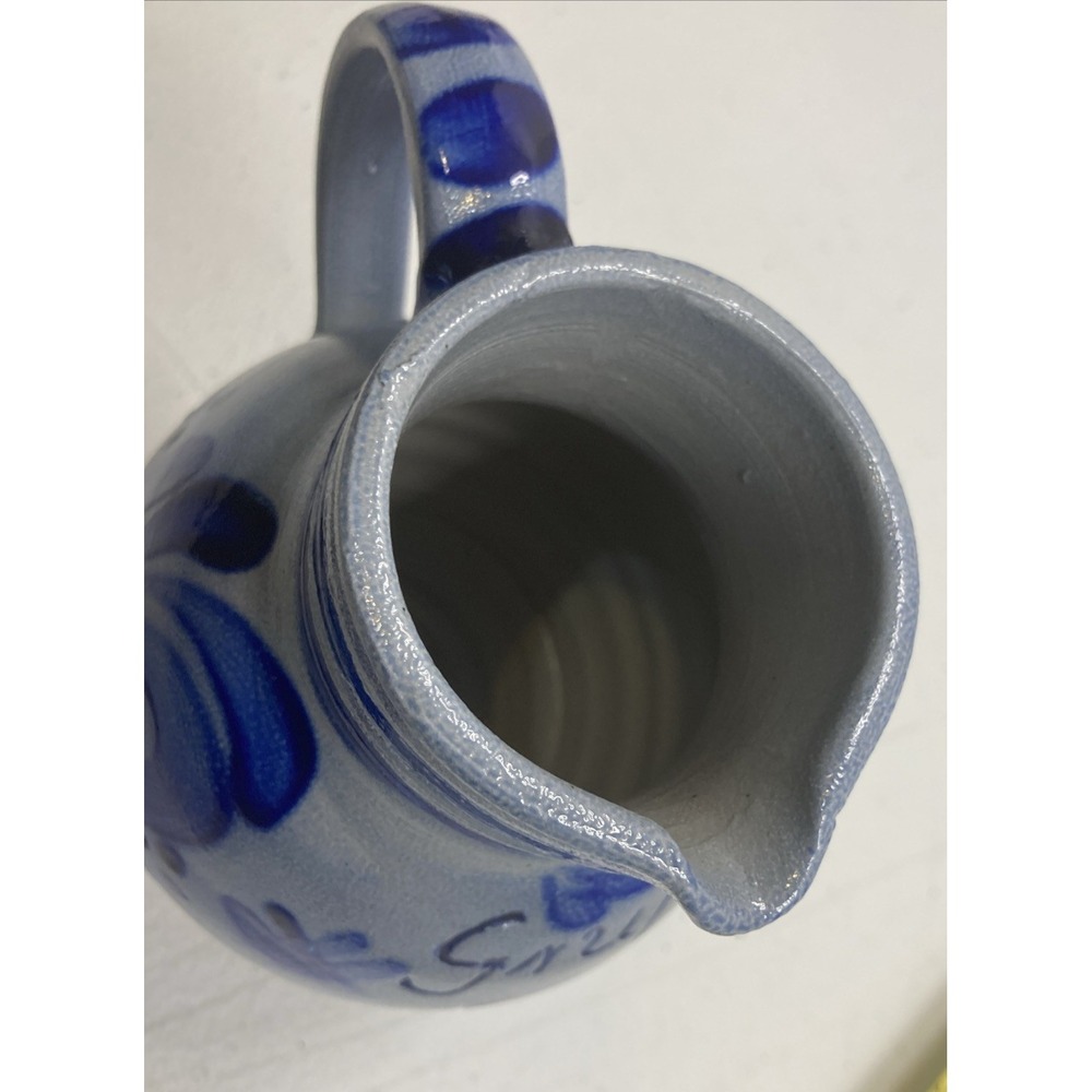 Vintage German Salt Glaze Pitcher Handle Blue Stripe 1/2 L  5.75" - Picture 8 of 14